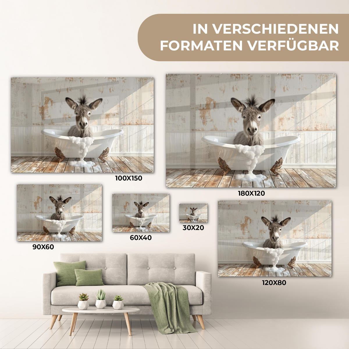 ACRYLGLASBILD Esel - Tiere - Badewanne - Schaumstoff 90x60 cm - Weiß, Glas (90/60cm) - MuchoWow