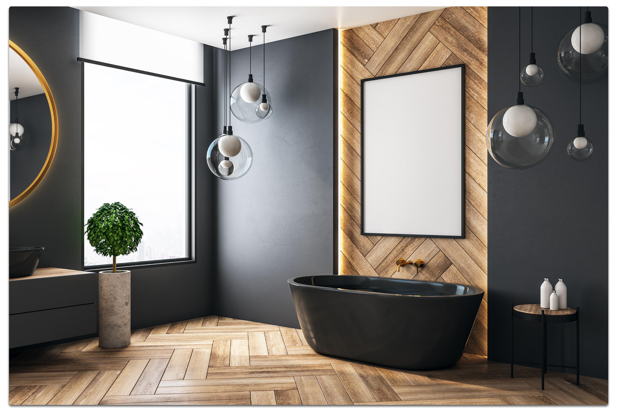 Modernes Badezimmer mit schwarzer freistehender Badewanne vor Holzpaneelwand, dunklen Wänden, runden Pendelleuchten und Fischgrät-Holzboden – stilvolles Design mit natürlichen und kontrastreichen Elementen.