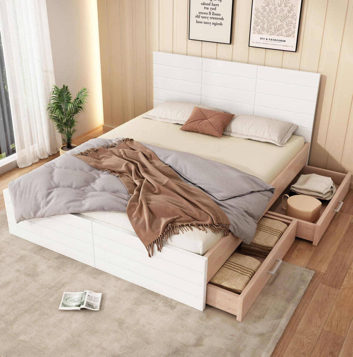 DVOJLŮŽKO 180/200 cm bílá a dub z masivního dřeva a MDF se zásuvkami a roštem - bílá, kompozitní dřevo (180/200cm) - OKWISH