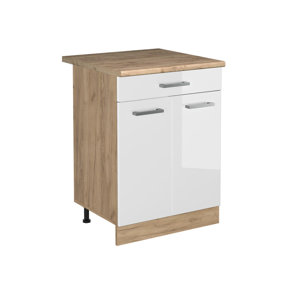 KÖKSUNDERSKÅP R-Line, Vit högblank/Goldkraft ek, 60 cm med låda Auksinis ąžuolas stalviršis Vit högglans, Honungsek 81.6/60/60 cm