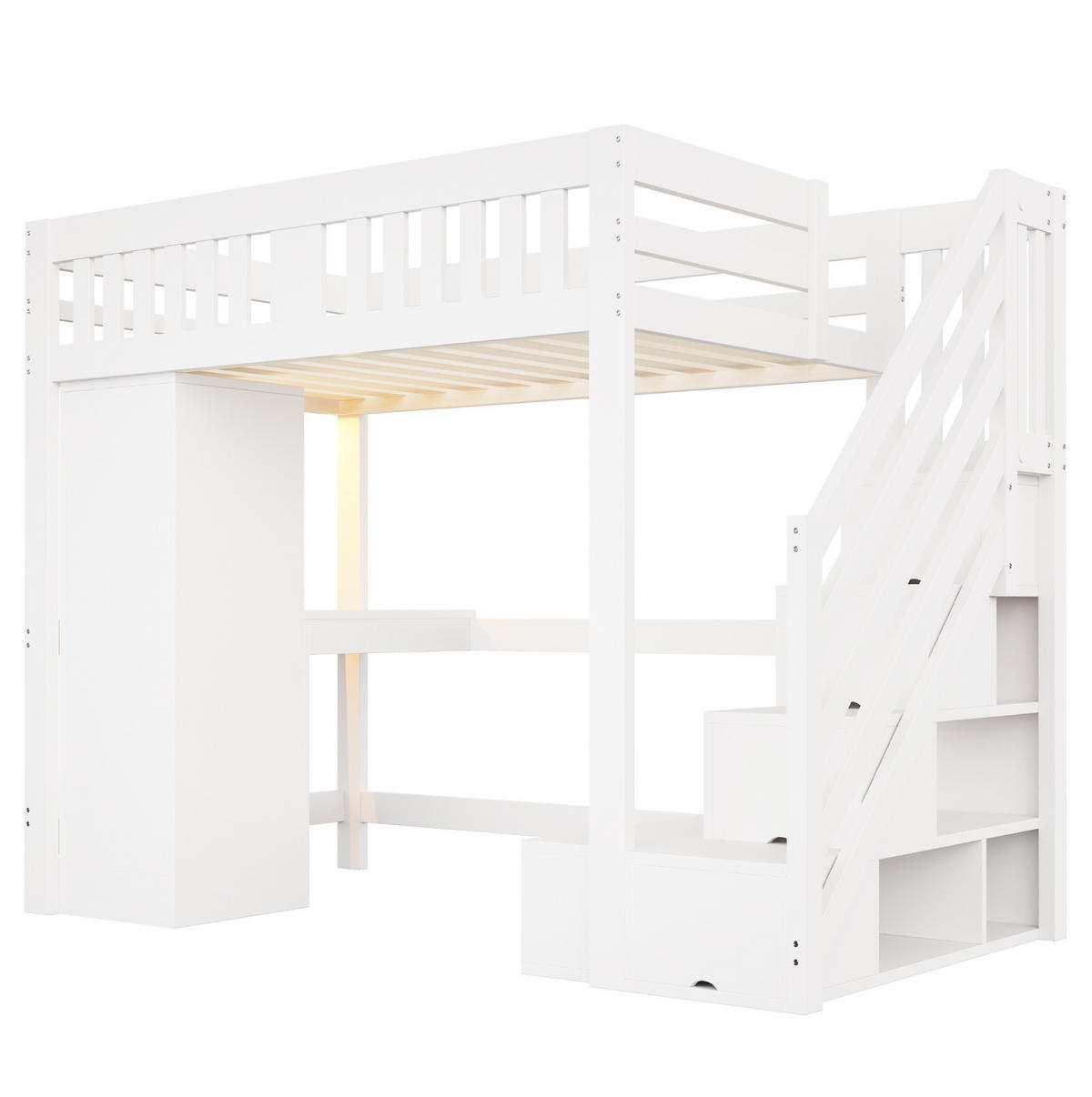 HOCHBETT 140/200 cm mit Stauraumtreppe, Kleiderschrank, Schreibtisch, LED-Beleuchtung und Bank, Weiß - Weiß, Holz (140/200cm) - Redom