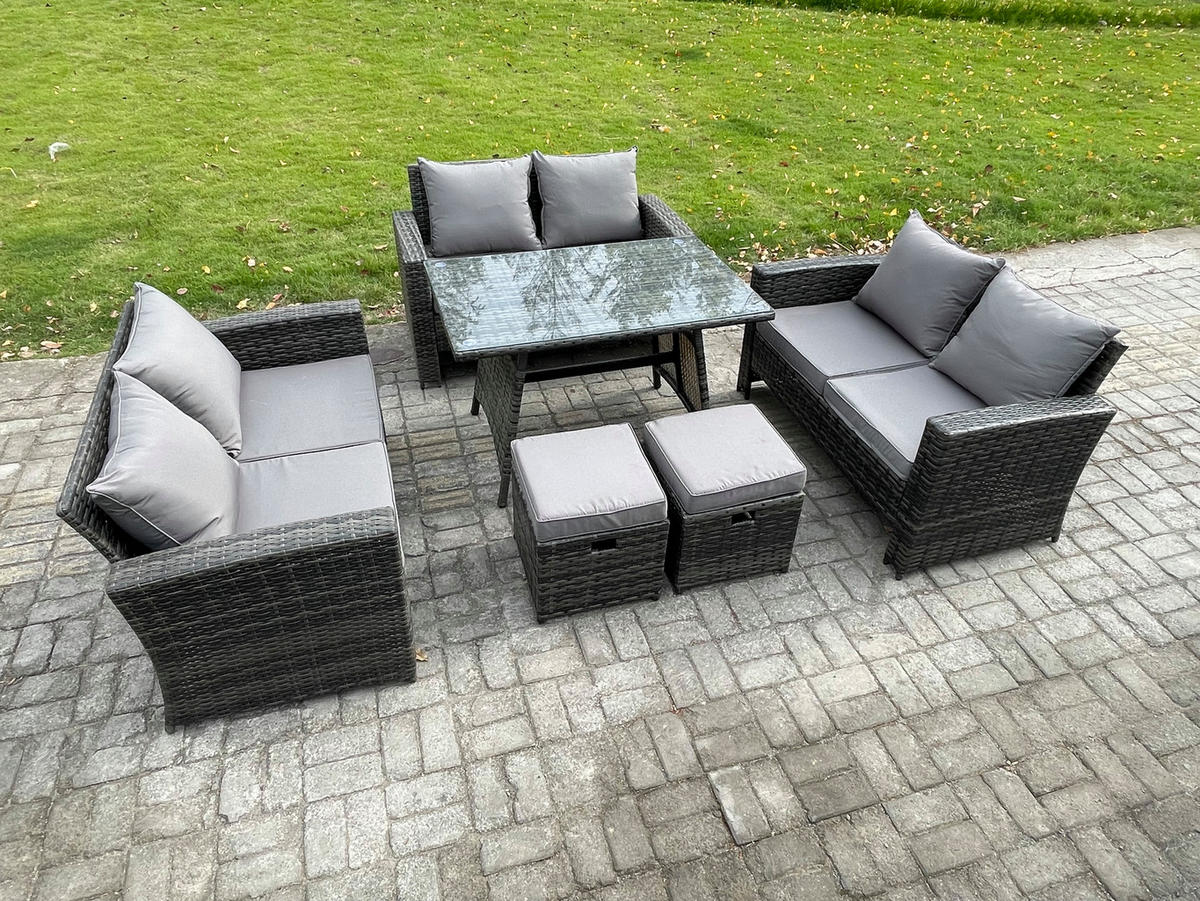 GARTENMÖBELSET mit ESSTISCH,HOCHLEHNER-SOFA Polyrattan Dunkelgrauer Mix 8-Sitzer - Dunkelgrau/Grau, Glas/Kunststoff - Fimous