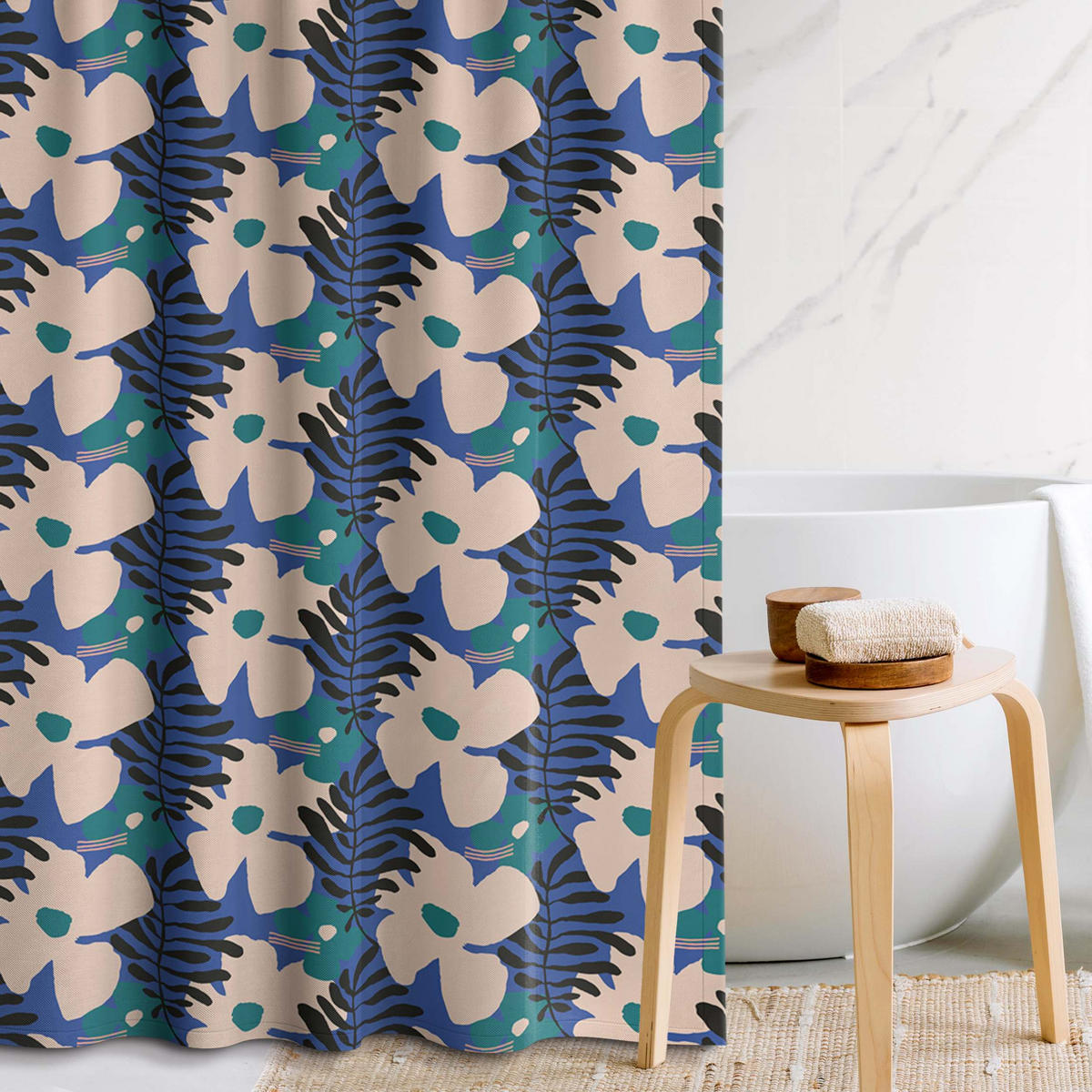 DUSCHVORHANG Blumen und Blätter auf Blau 180/200 cm - Blau, Textil (180/200cm) - Bilderwelten
