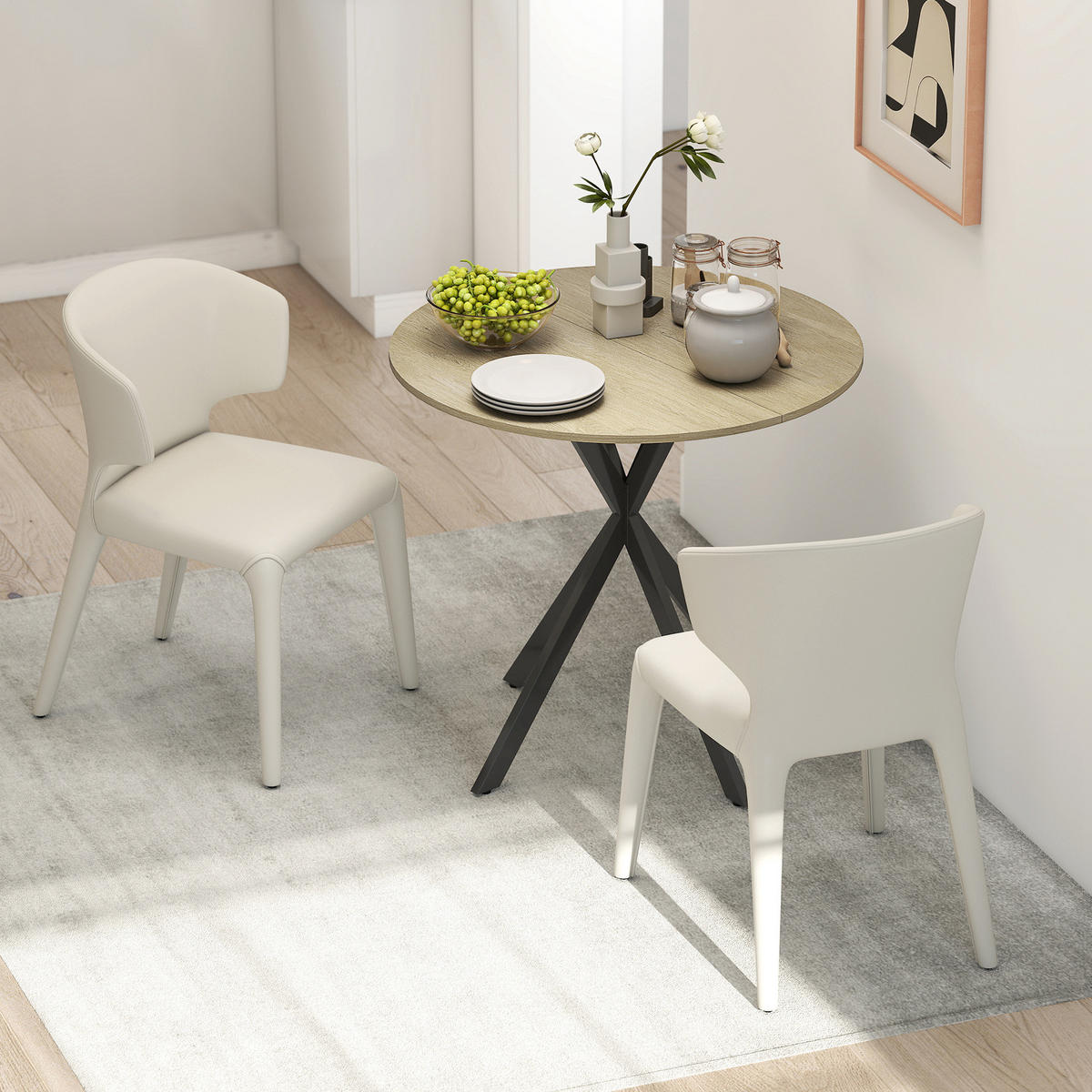 ESSTISCH für 2 Personen, Weiße Eiche - Sonoma Eiche, Metall (80/80/75cm) - HOMCOM