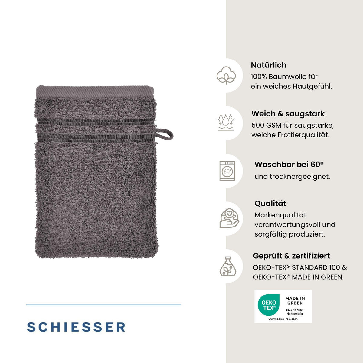 WASCHHANDSCHUHSET Milano - 5-teilig - 16x22 cm - Dunkelgrau - Dunkelgrau, Textil (16/22cm) - SCHIESSER