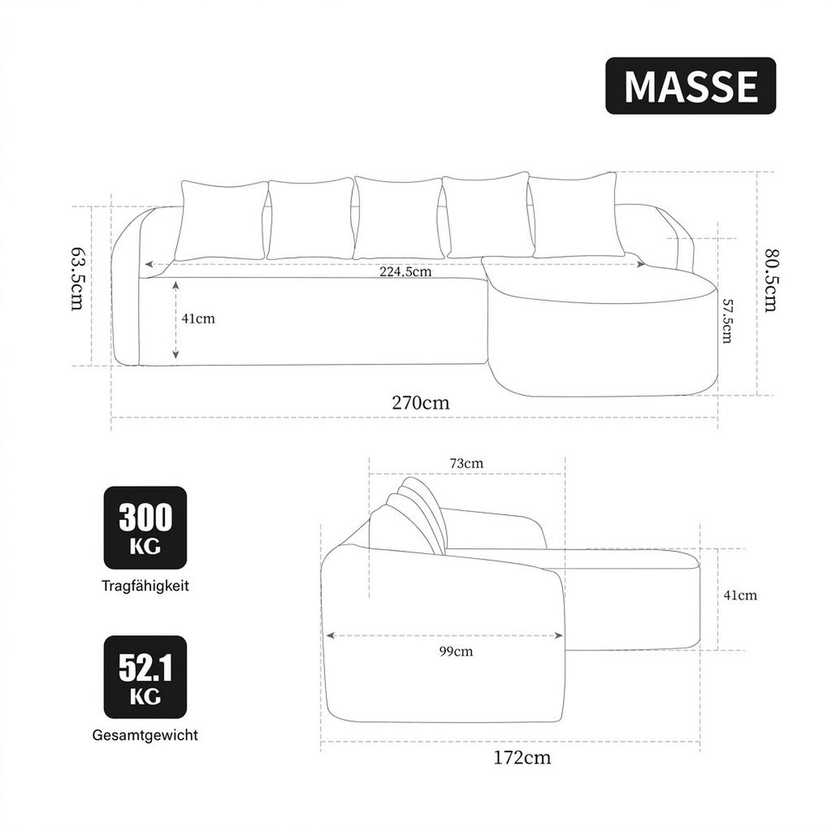 ECKSOFA 270/172/80.5 cm Grau Chenille, Rechte Seite - Grau, Textil (270/172cm) - Oxeza