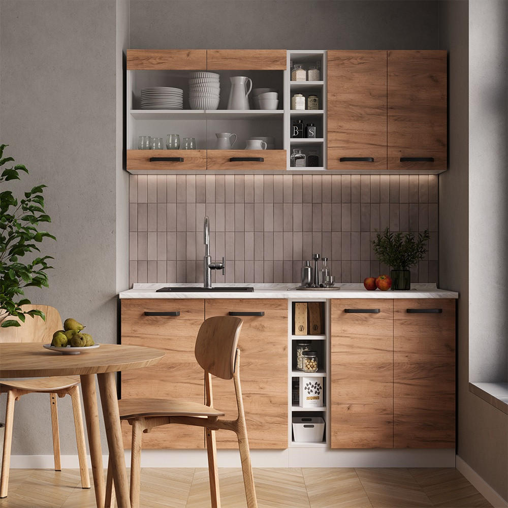 SINGLEKÜCHE R-Line Goldkraft Eiche/Weiß 160 cm AP Eiche - Honigeiche/Eiche Wotan, Holzwerkstoff (160/81.6/60cm) - Vicco