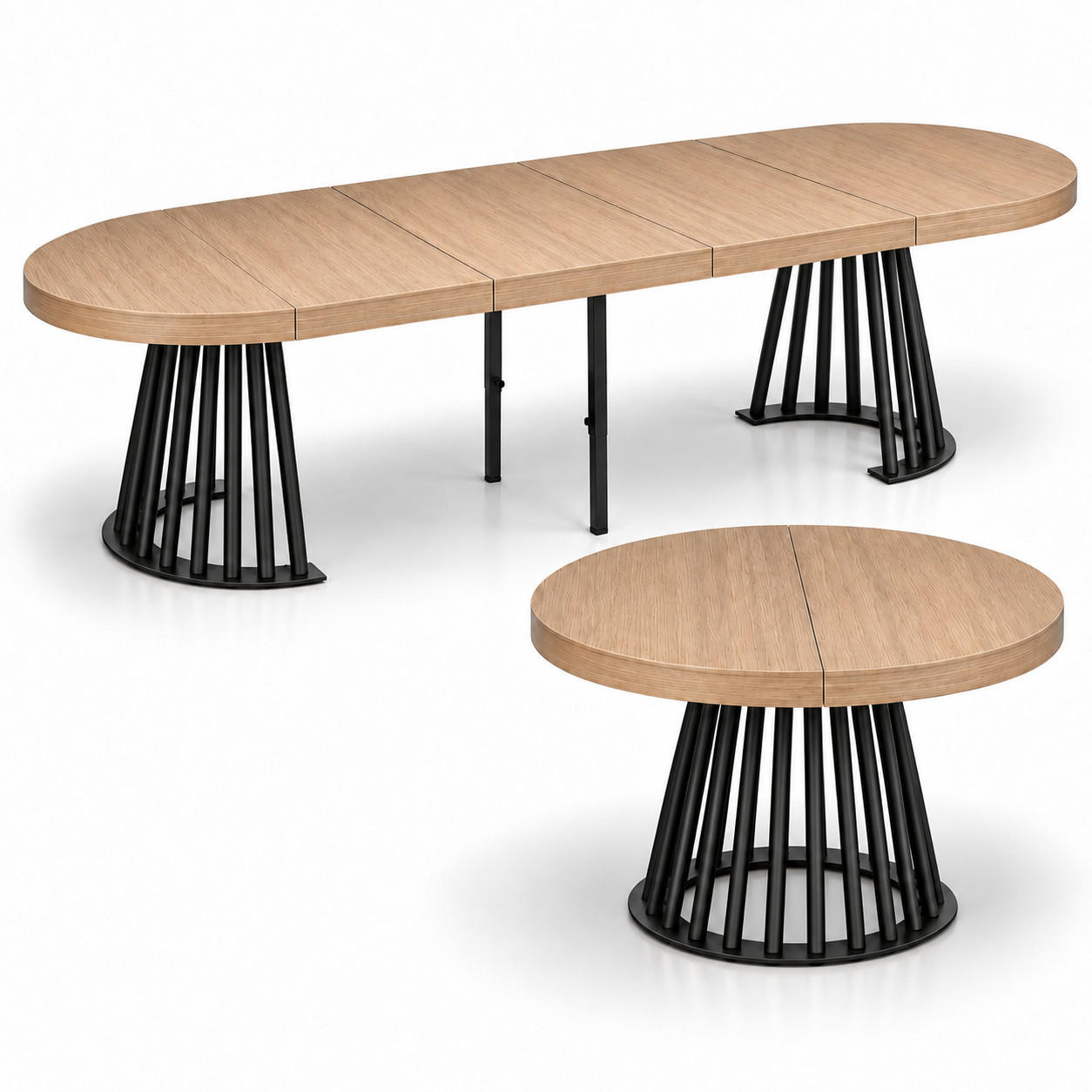 ESSTISCH rund ausziehbar 100/300/76 cm, Hellbraun Eiche Hikora Egger Natur, 54 cm Tischplatte + Lamellen-Metallgestell Schwarz - Hellbraun/Eichefarben, Holzwerkstoff/Metall (100/300/76cm) - Damale Möbel