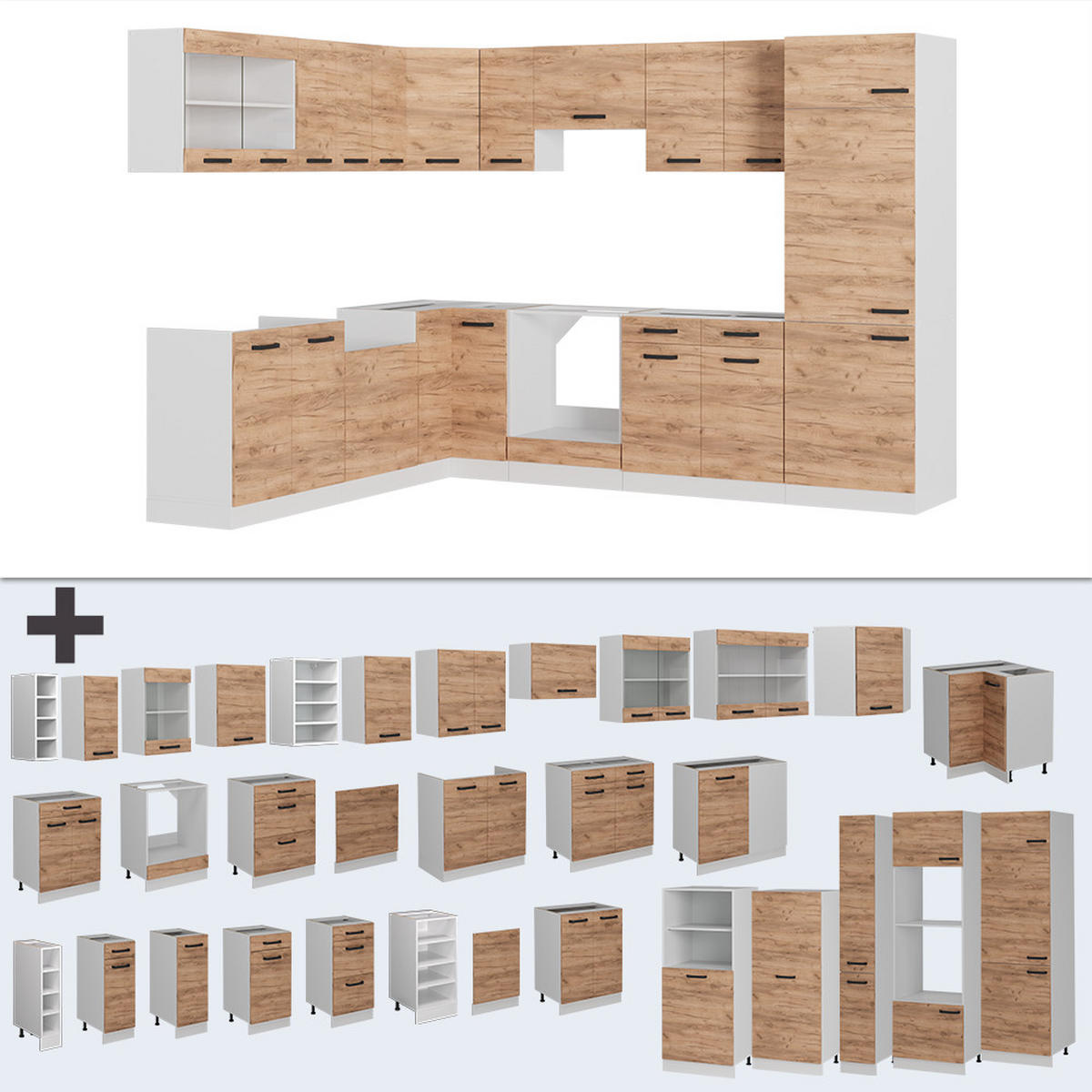 ECKKÜCHE R-Line Goldkraft Eiche/Weiß 227 x 287 cm AP Anthrazit - Eiche Wotan/Weiß, Holzwerkstoff (287/81.6/60cm) - Vicco