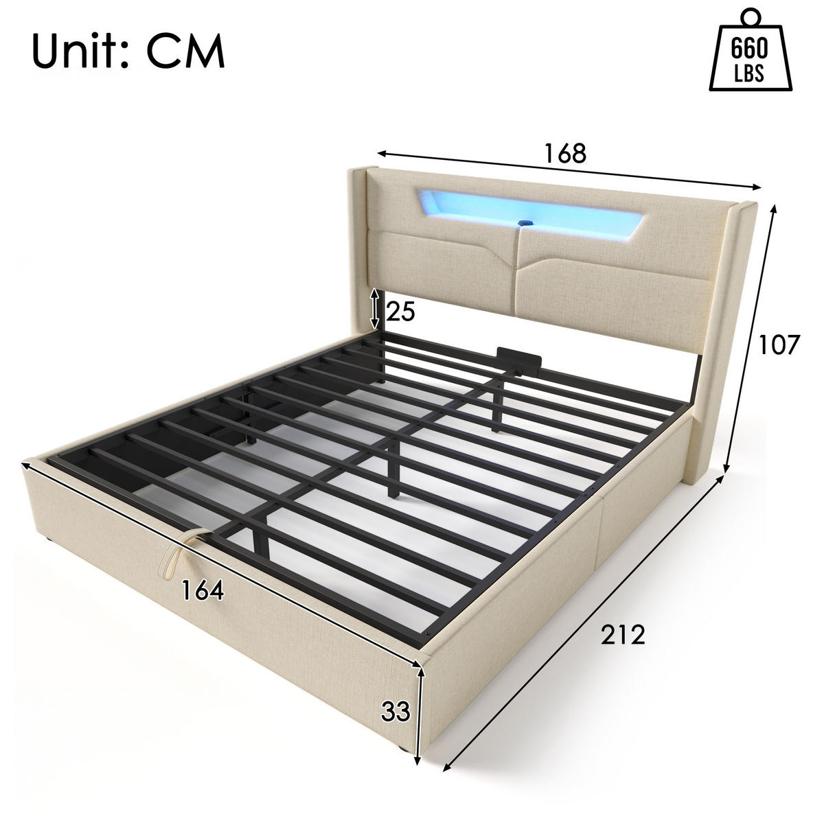 POLSTERBETT 160/200 cm aus Leinen mit LED und USB-C Ladefunktion Beige - Beige, Textil (160/200cm) - Modenvie