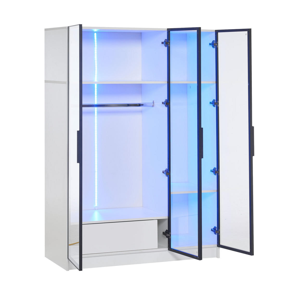 HIGHBOARD in Weiß Kleiderschrank mit 3 Glastüren, 1 Schublade und 1 Kleiderstange für Schlafzimmer, B110/T50/H160cm - Transparent/Weiß, Glas/Holzwerkstoff (110/160/50cm) - STILVORA