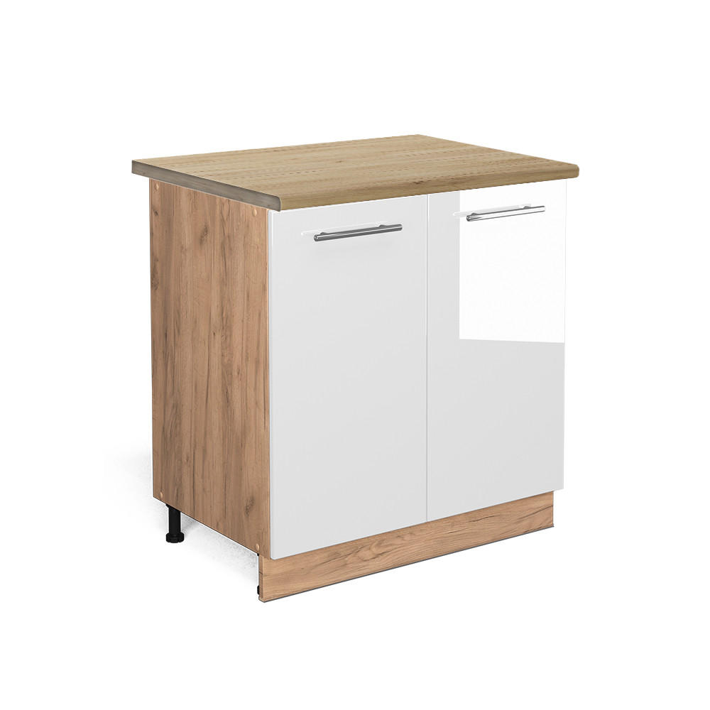 Vicco KÜCHENUNTERSCHRANK Weiß Hochglanz, Honigeiche 80cm × 60cm × 82cm