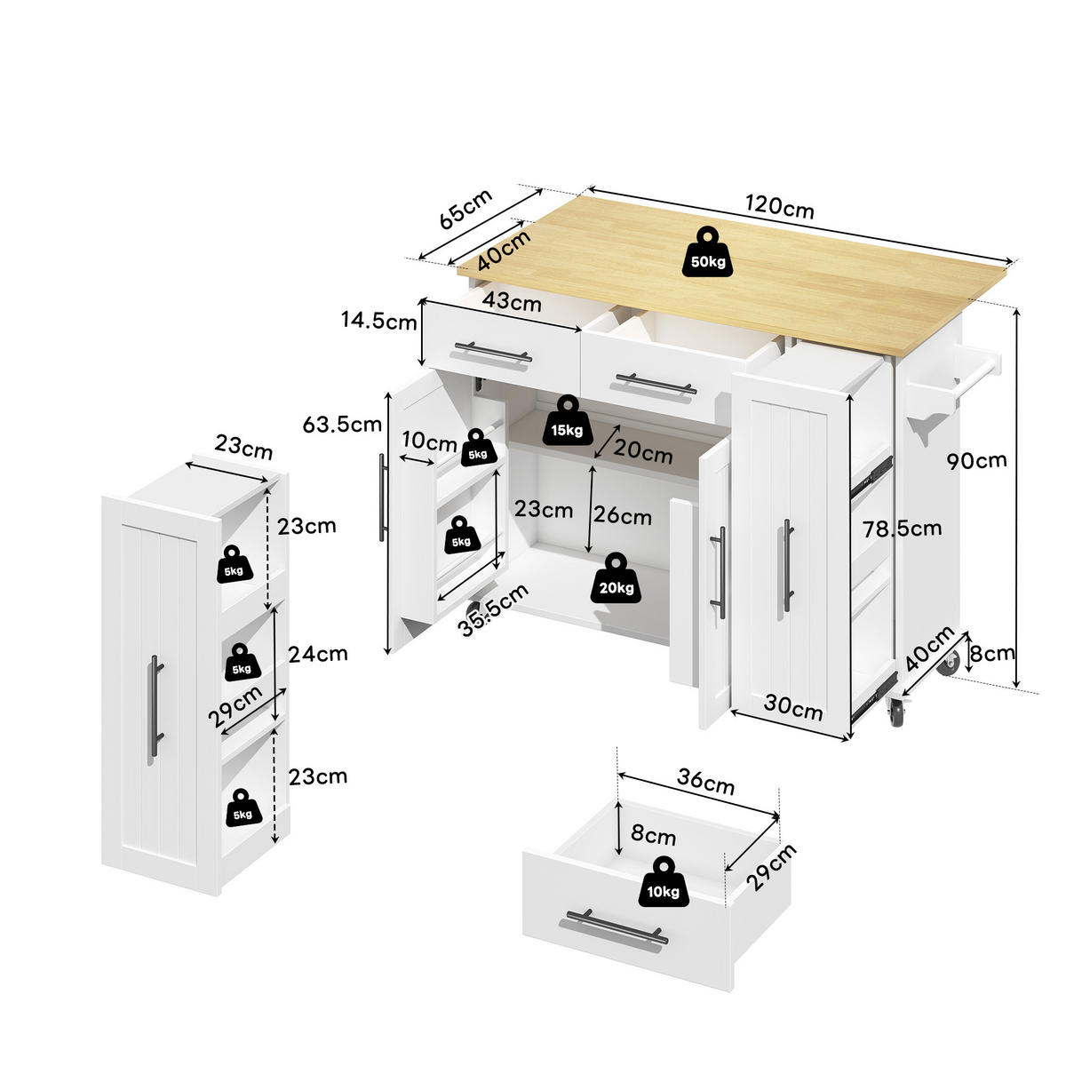 MOBILER Kücheninselwagen 120x65x90cm Weiß mit Auszug, Klappplatte & 5 Rollen - Weiß, Holzwerkstoff (120/90/65cm) - Modfu
