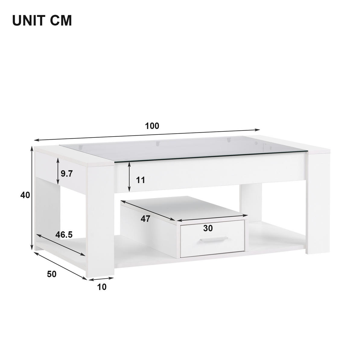 COUCHTISCH aus Spanplatte 100x50x40 cm Weiß mit Glasplatte, 2 Schubladen und Stauraum - Weiß, Holzwerkstoff (100/50/40cm) - IVMEU