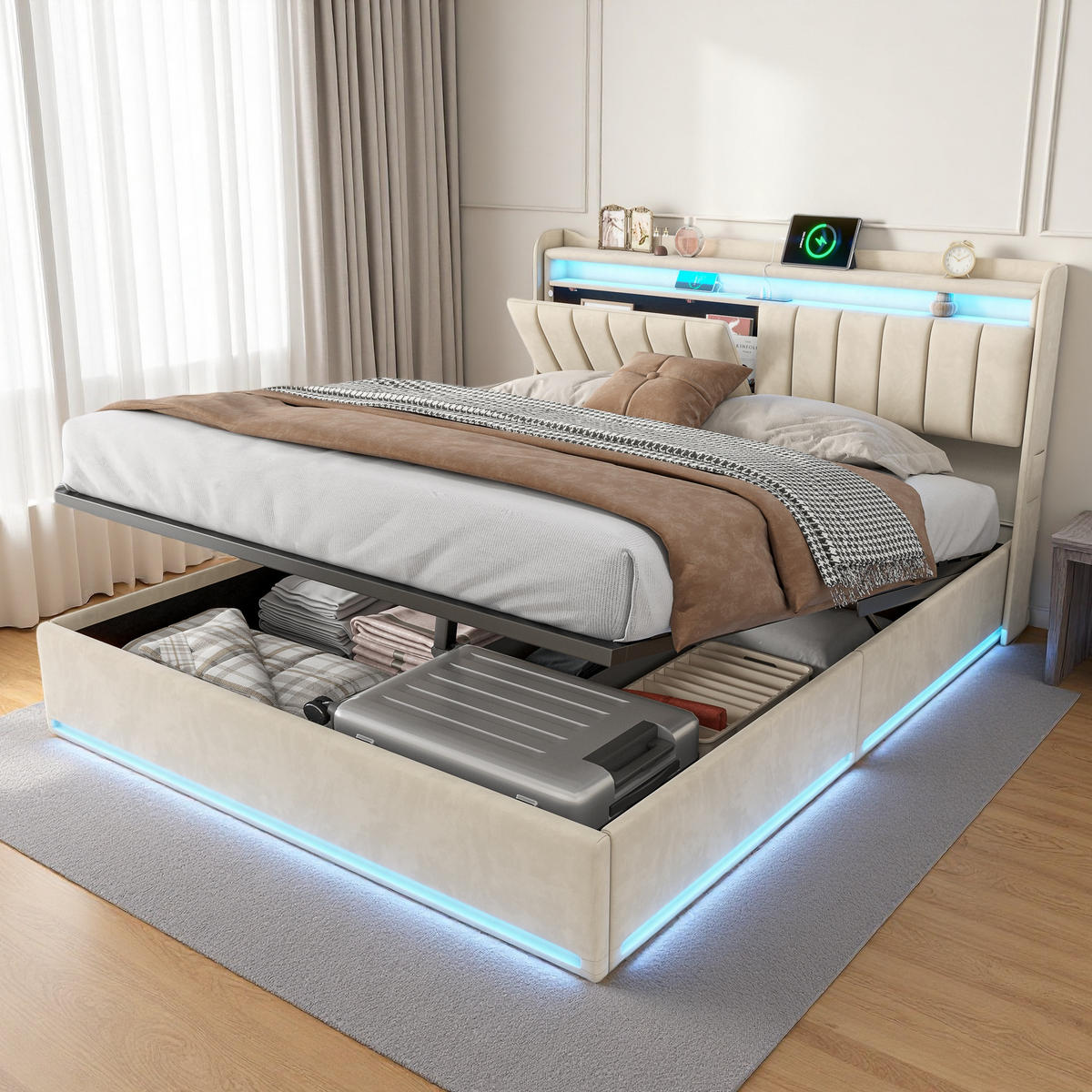 ČALOUNĚNÁ postel 160x200 cm béžová sametová LED USB Type-C bed box - béžová, dřevo (160/190cm) - SHOPENTRA