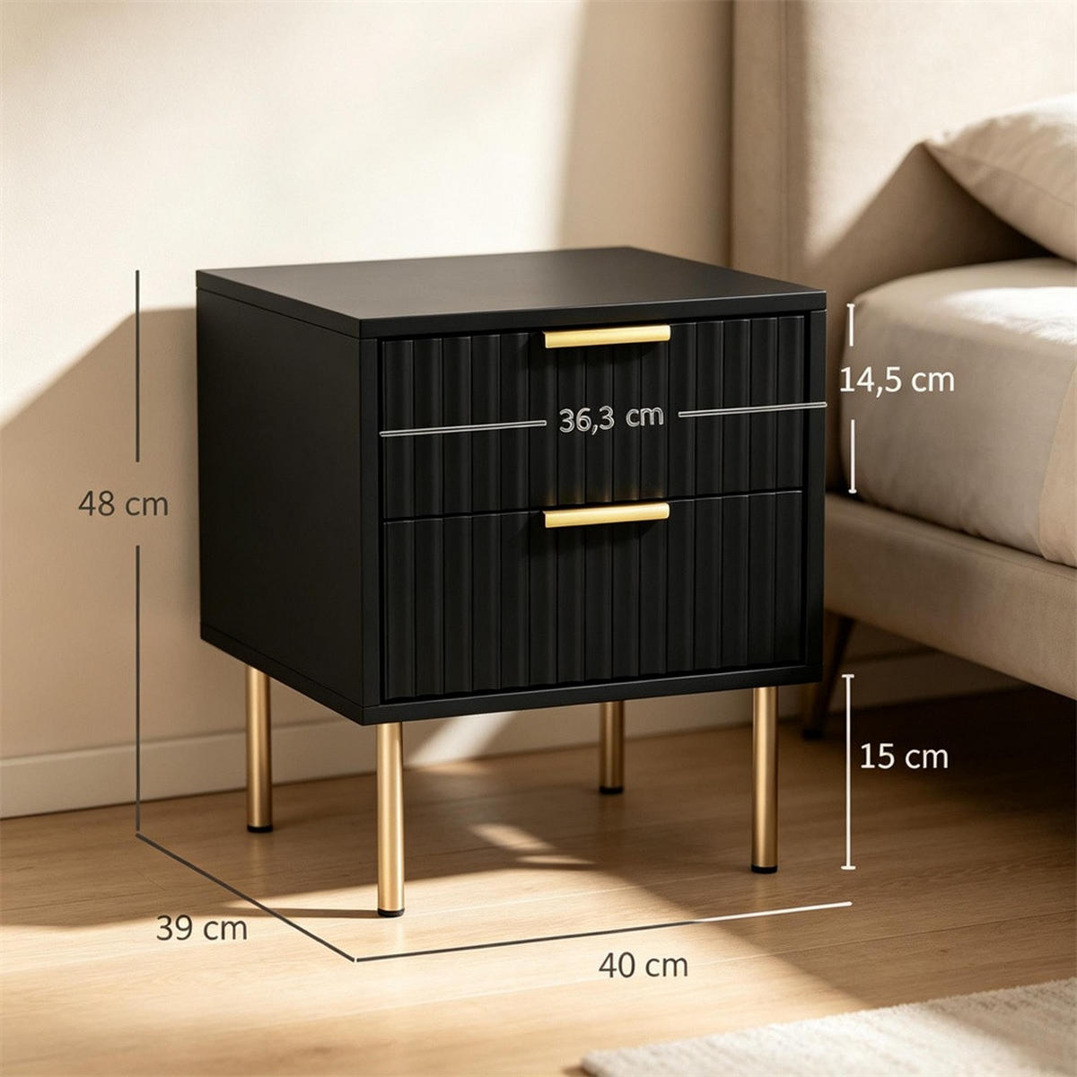 NACHTTISCH 40x39x48 cm Schubladenfront mit Rillenoptik - 2 Schubladen - Goldene Griffe - Schwarz - Schwarz, Holzwerkstoff (39/48/40cm) - DELFA