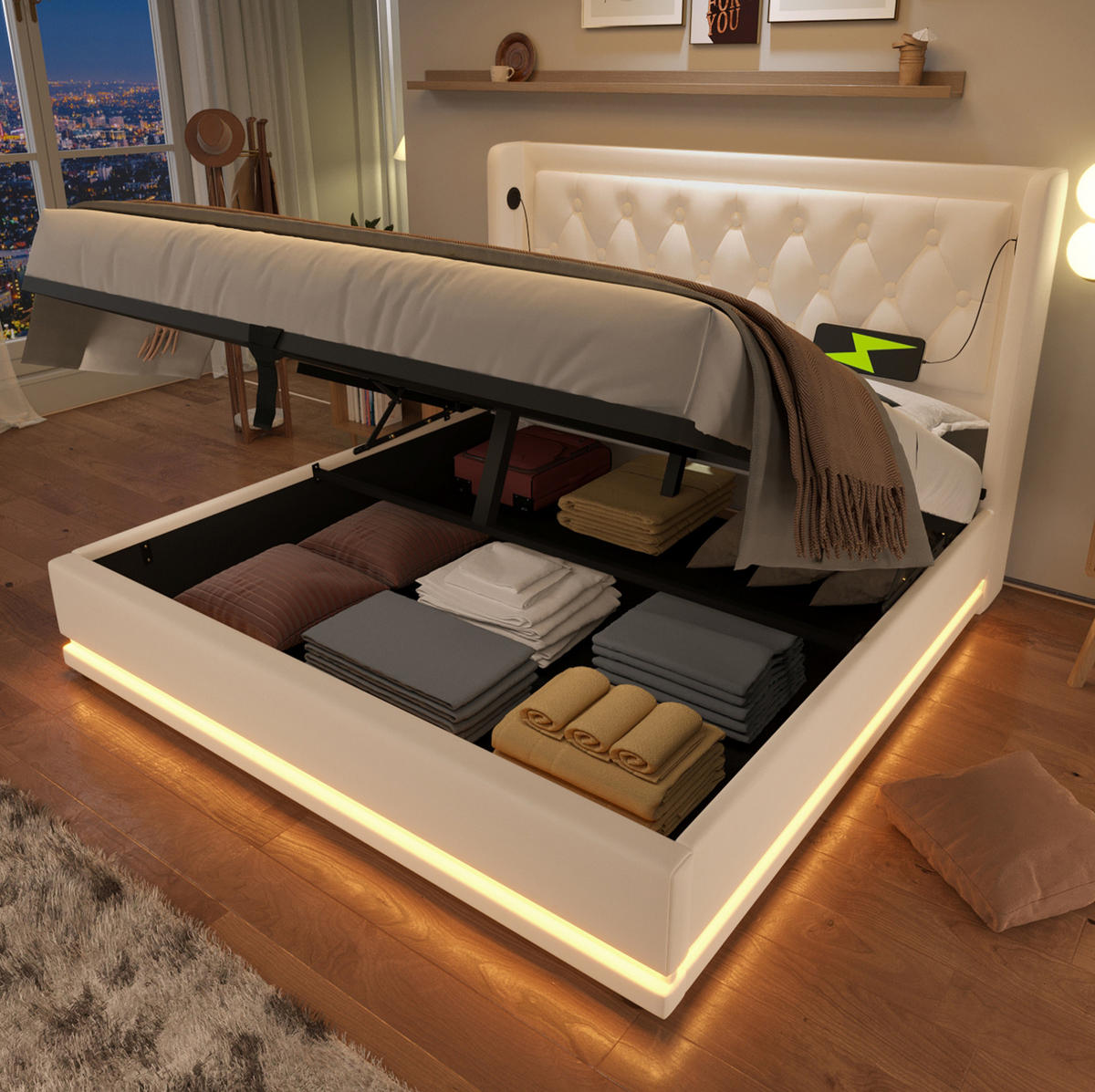 POLSTERBETT mit LED-Beleuchtung 140/200 cm mit Bettkasten, USB-C und gepolstertem Kopfteil - Weiß, Textil (140/200cm) - BEAOK