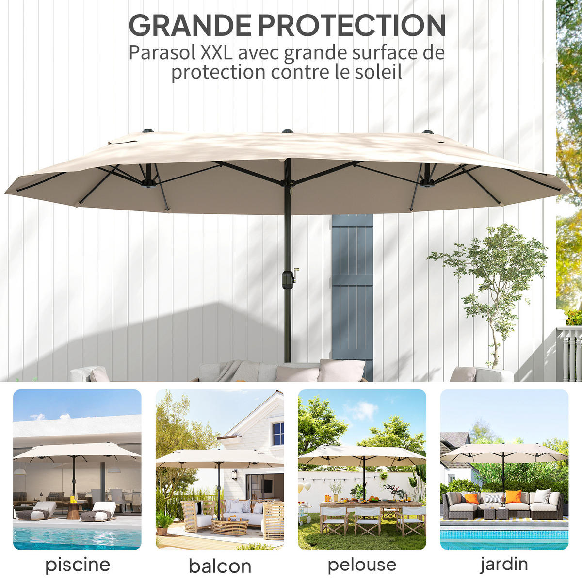 SONNENSCHIRM DE-11356 rechteckig, mit Kurbel, Stahl Creme - Creme, Metall (265/455cm) - ComfortXL