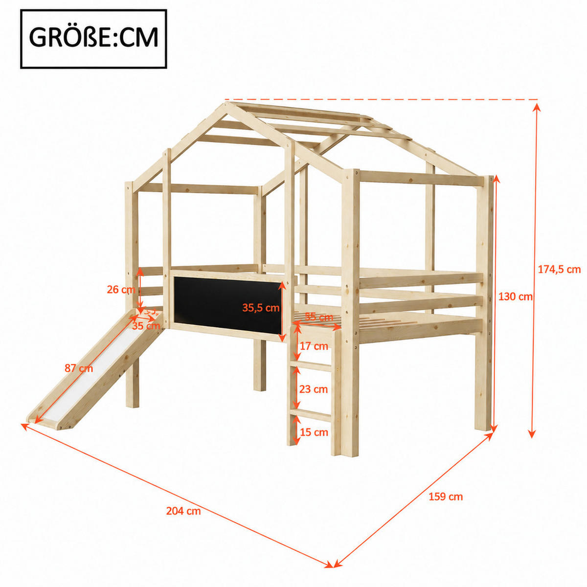 HOCHBETT 90/200 cm Naturholz mit Sicherheitsleiter, Sicherheitsrutsche und Graffiti-Tafel - Naturfarben, Holz (90/200cm) - Oxeza