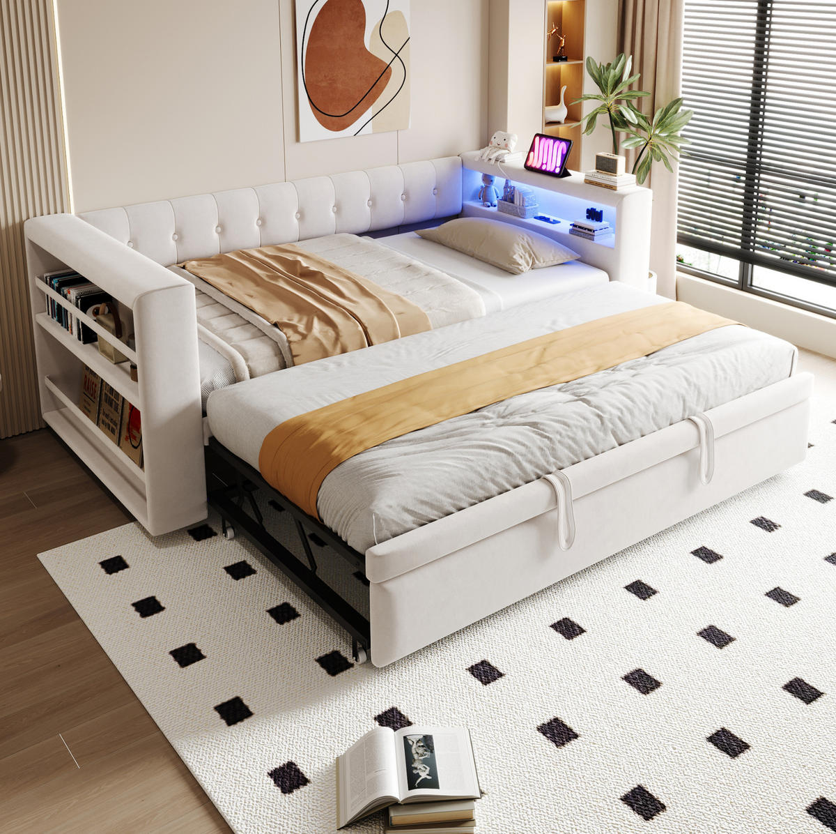 POLSTERBETT 90/180 x 190 cm aus Flannelette mit LED-Beleuchtung Steckdose und Stauraum Beige - Beige, Textil (90/180cm) - Modenvie