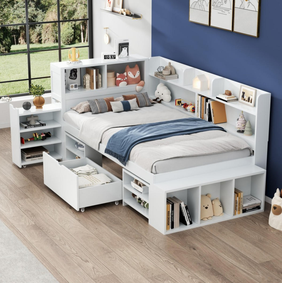 KINDERBETT 90/200 cm mit Lattenrost, Schublade, Regal und Stauraum aus Sperrholz, Weiß - Weiß, Holzwerkstoff (90/200cm) - Redom