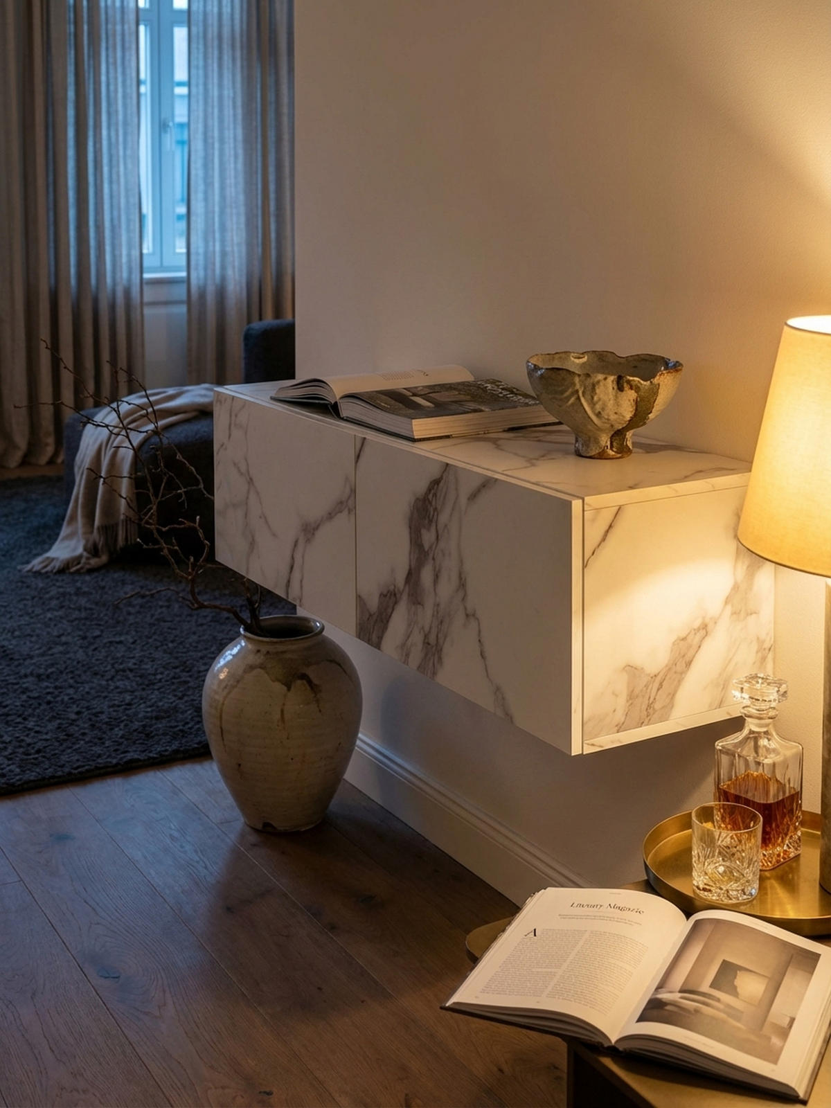 TV-LOWBOARD hängend, Marmor-Optik, Klapptüren, modern, Weiß 120x30x30 cm - Weiß, Metall (120/30/30cm) - KADIMA DESIGN