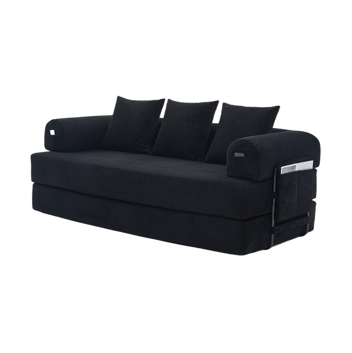 SOFA 200/94/67 cm aus Cord mit Metallrahmen und Seitentasche Schwarz - Schwarz, Textil (94/67/200cm) - Modenvie