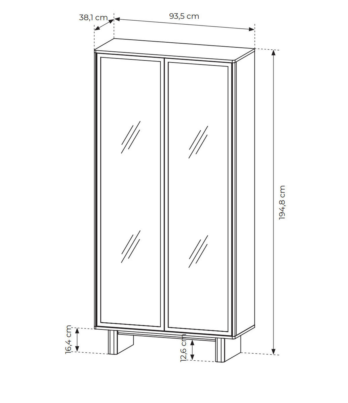 VITRINE VIRONE (Geölte Eiche, LED-Beleuchtung, Glasfronten, Push-to-Open, hohe Füße) - Eichefarben, Holz/Holzwerkstoff (93/195/38cm) - Ravio