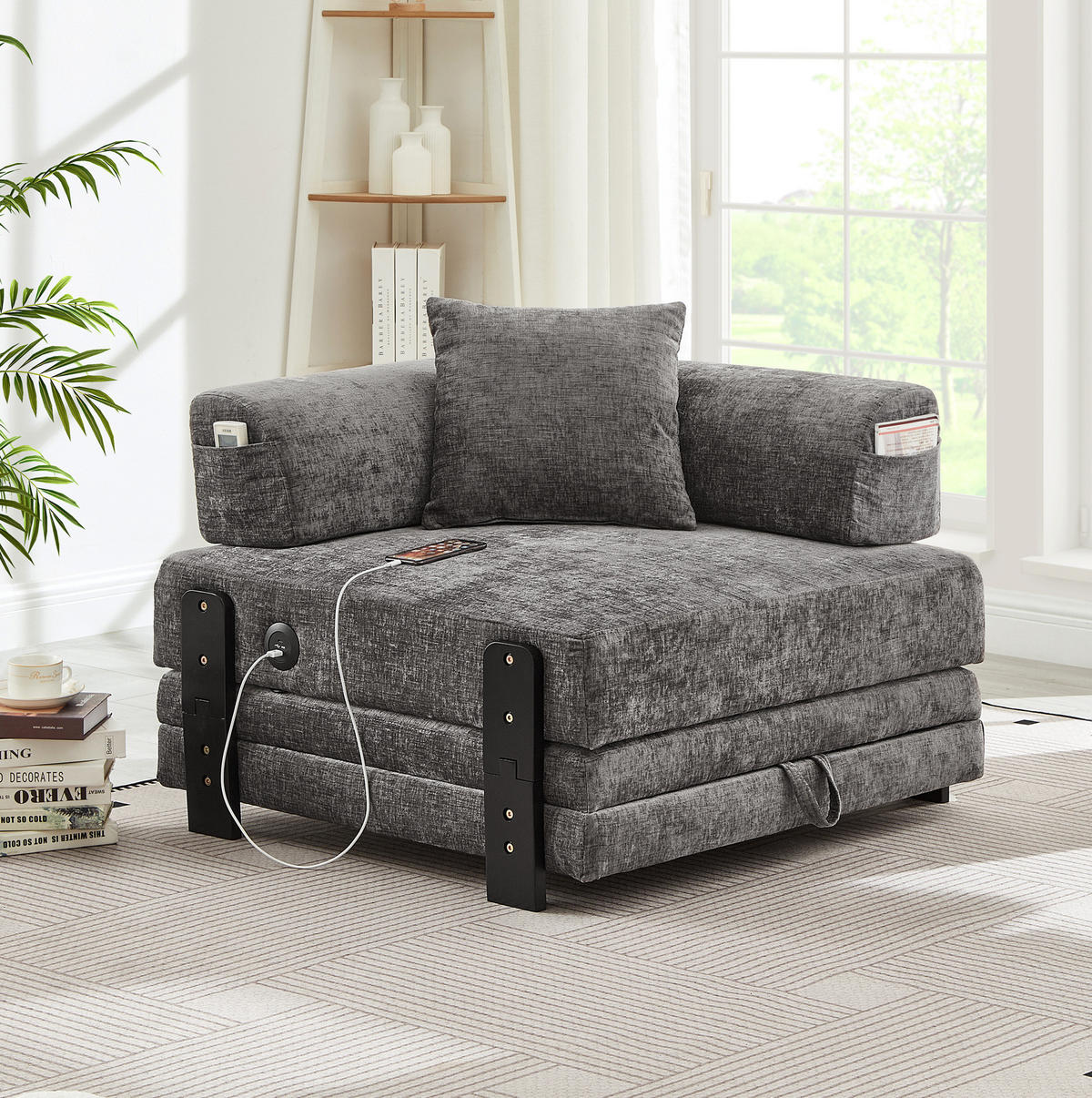 SCHLAFSOFA 2-in-1 mit USB- und Type-C-Anschluss, Stauraum und Seitentaschen, Dunkelgrau - Dunkelgrau, Textil (84/48/170.5cm) - Redom