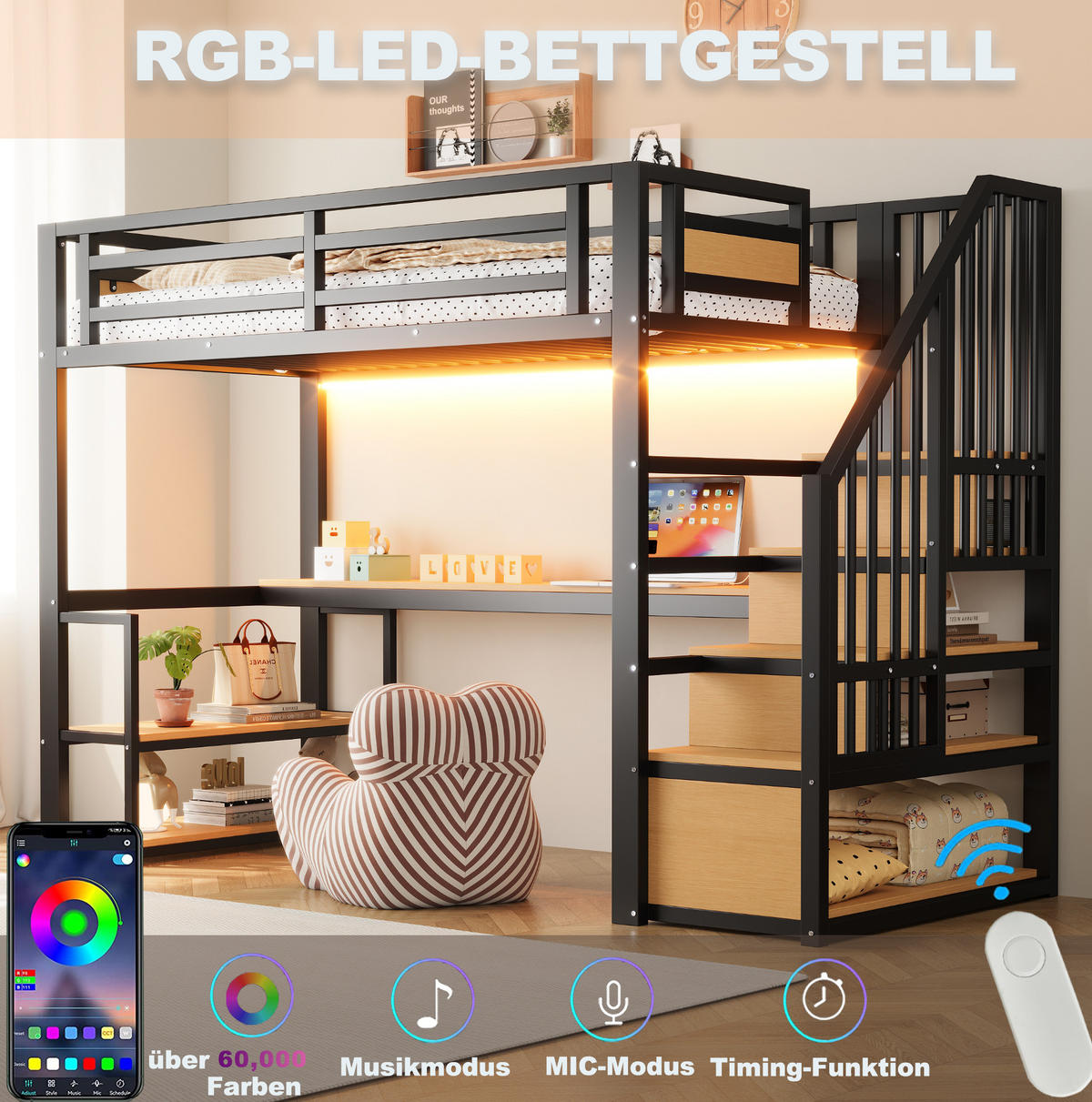 HOCHBETT 90/200 cm aus MDF und Metall mit Stauraumtreppe, Regal und Tisch Schwarz - Schwarz, Metall (90/200cm) - Modenvie