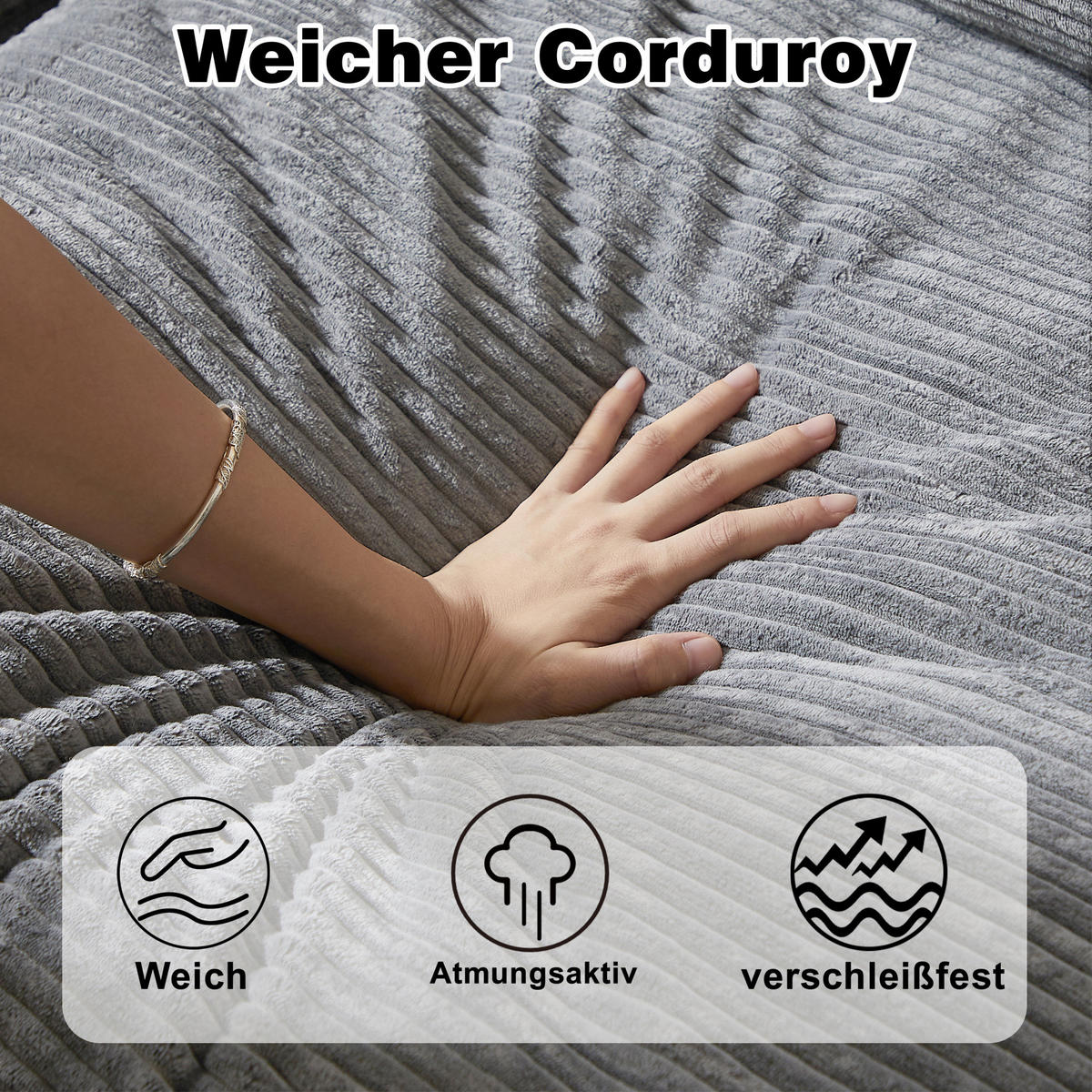ECKSOFA 251/160/81 cm hellgrau aus Cord mit Chaiselongue, 4 Modulen und 3 Kissen - Hellgrau, Textil (160/251cm) - OKWISH