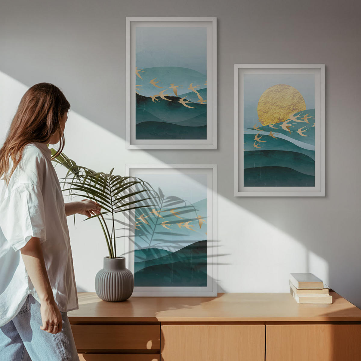 BILDER SET 3er Set - 40x60 cm Weißer Rahmen - Abstrakte Sonnenuntergangslandschaften - Weiß, Kunststoff (40/60cm) - TULUP