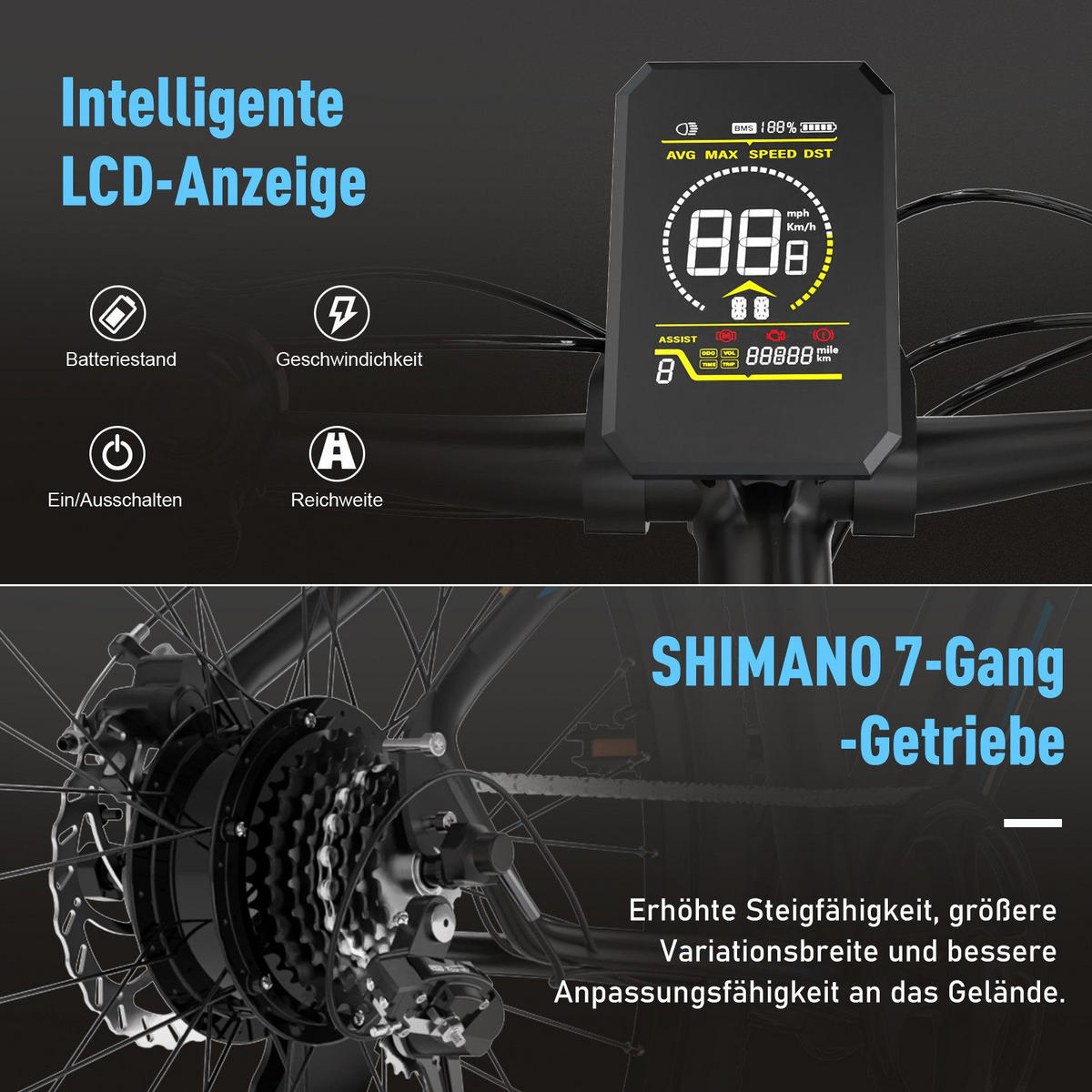 E-BIKE BK7S Reichweite bis 90 km - Schwarz, Metall (80cm) - HITWAY