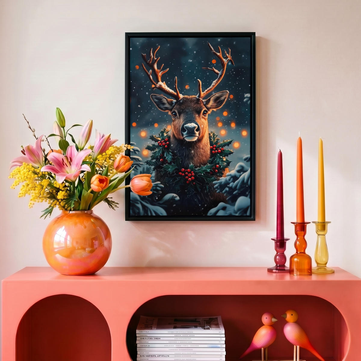 LEINWAND Bilder mit Rahmen - Hirsch - Weihnachten - Winter - Schnee - Weihnachtskranz - 20x30 - Dunkelbraun, Textil (20/30cm) - MuchoWow