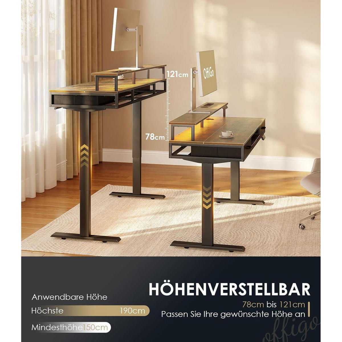 SCHREIBTISCH Höhenverstellbar Elektrisch 120 cm Braun mit Schubladen und LED-Lichtleiste - Braun, Holzwerkstoff (54/120/78.5cm)