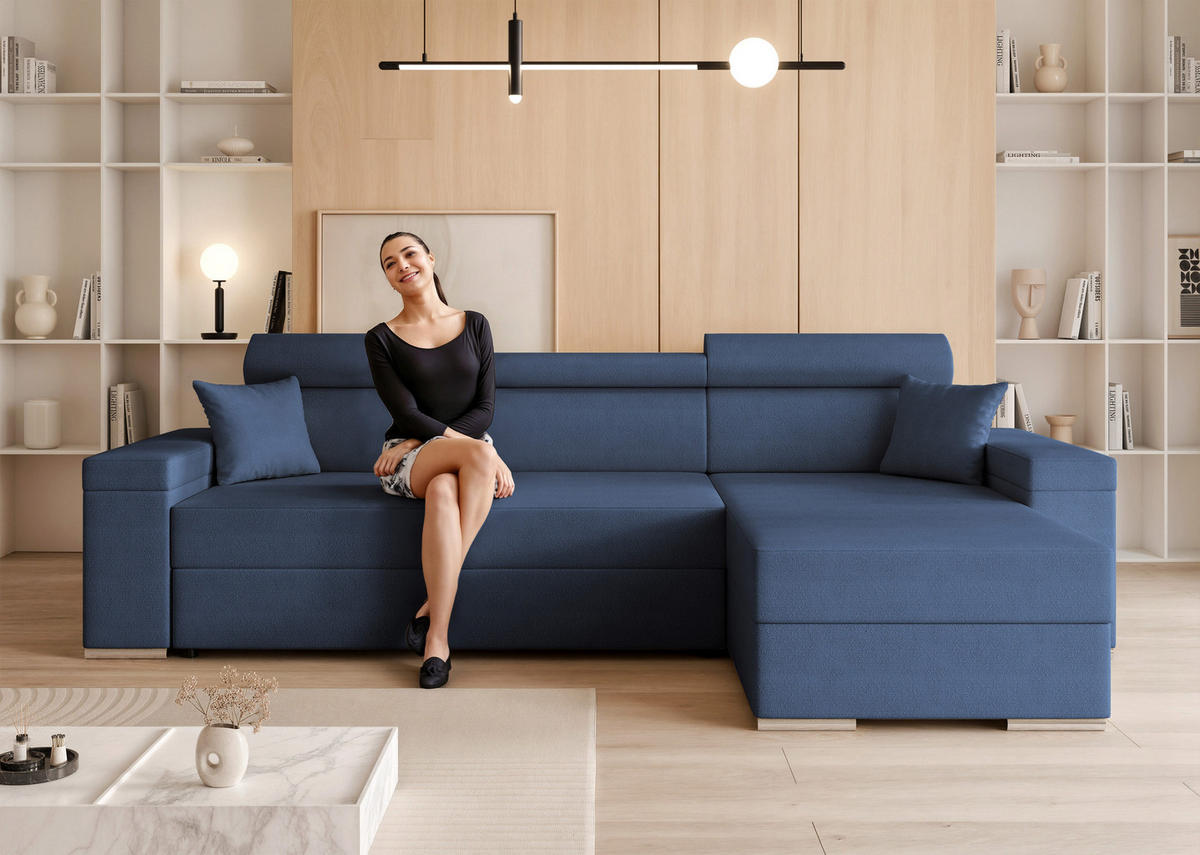 ECKSOFA AISHA mit Schlaffunktion und Bettkasten Marineblau - Dunkelblau, Holzwerkstoff/Kunststoff (250/90cm) - Idohome