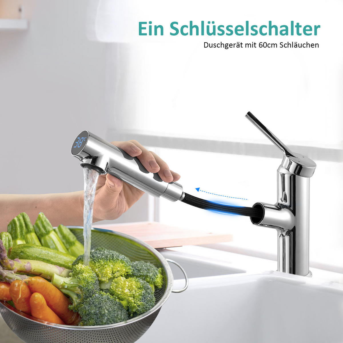 KÜCHENARMATUR Edelstahl mit LED-Temperaturanzeige 19,8/19,1/5,1 cm - Chromfarben, Metall (19.1/5.1/19.1cm) - EMKE