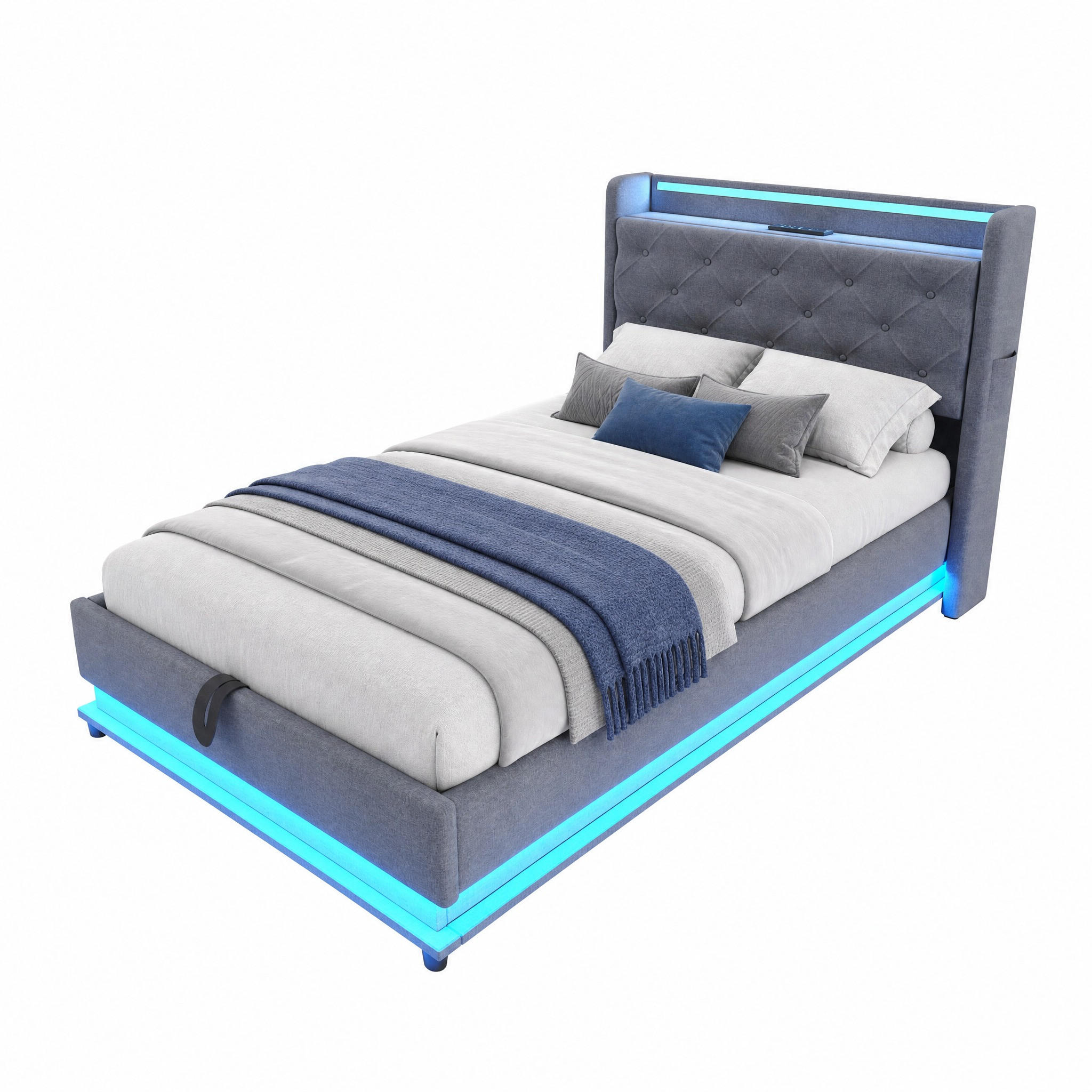 POLSTERBETT mit Stauraum und LED 90x200 cm Leinenstoff Grau - Grau, Metall (90/200cm) - Beauniv