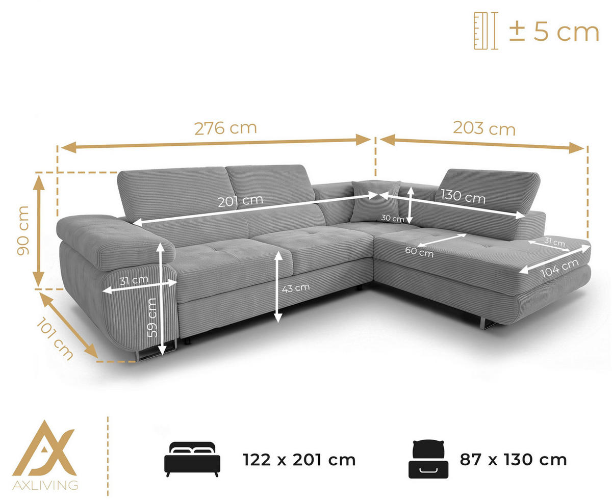 ECKSOFA L Form Konak Rosa 276/201/90 cm Rechts mit Schlaffunktion - Silberfarben/Rosa, Textil/Metall (276/203cm) - AX Living