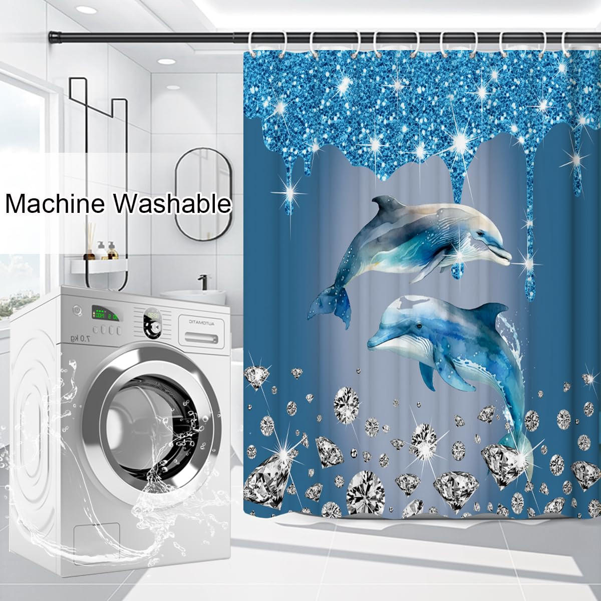 DUSCHVORHANG SET mit Matte Toilettendeckel und Badematte Haken maschinenwaschbar 180 x 180 cm - Blau, Textil (180/180cm) - MCBOSON