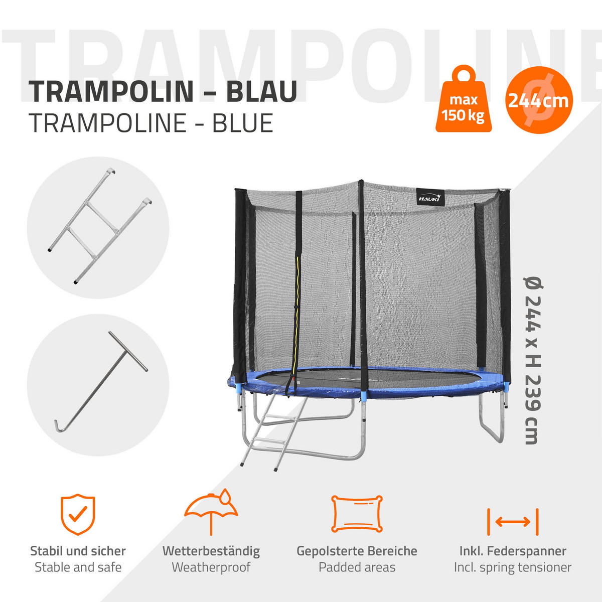 TRAMPOLIN 244 cm blau - Blau, Metall (244/239/244cm) - Hauki