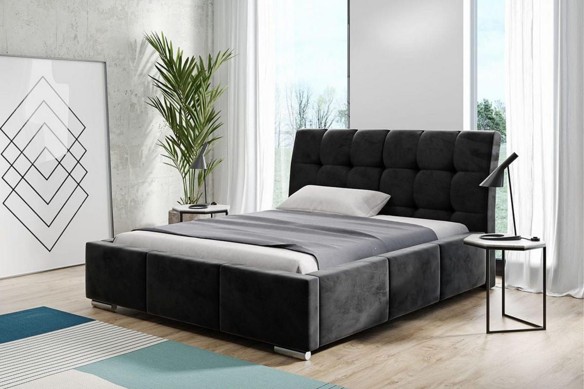 POLSTERBETT BARI mit Kopfteil, 140 x 200 cm, Doppelbett mit Bettkasten und Lattenrost aus Metall, Velourstoff, Frabe: Schwarz - Schwarz, Holz/Kunststoff (140/200cm) - Agmat-Furniture