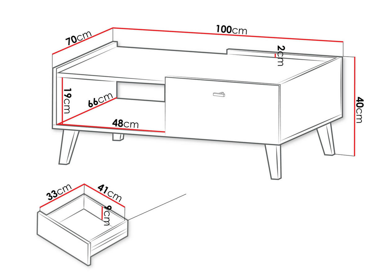 COUCHTISCH Vurkizo 1SZ - Eichefarben/Schwarz, Holzwerkstoff/Kunststoff (70/100/40cm) - MIRJAN24