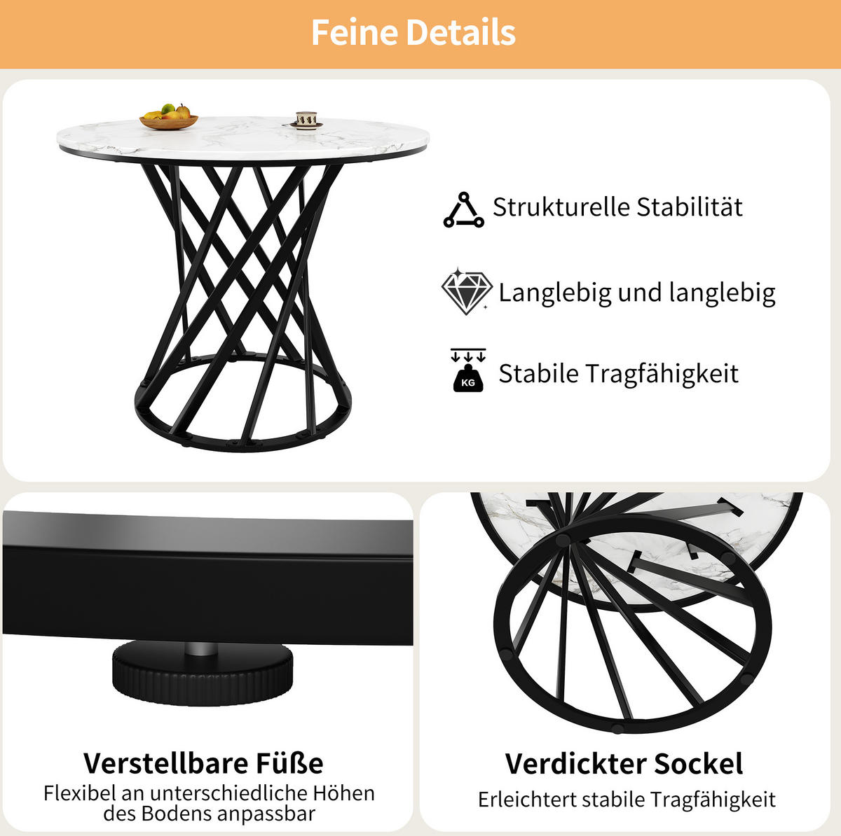 ESSTISCH, MDF-Tischplatte mit Metallgestell, 80/80/76 cm, Schwarz/Weiß - Schwarz, Holzwerkstoff (80/80/76cm) - Redom
