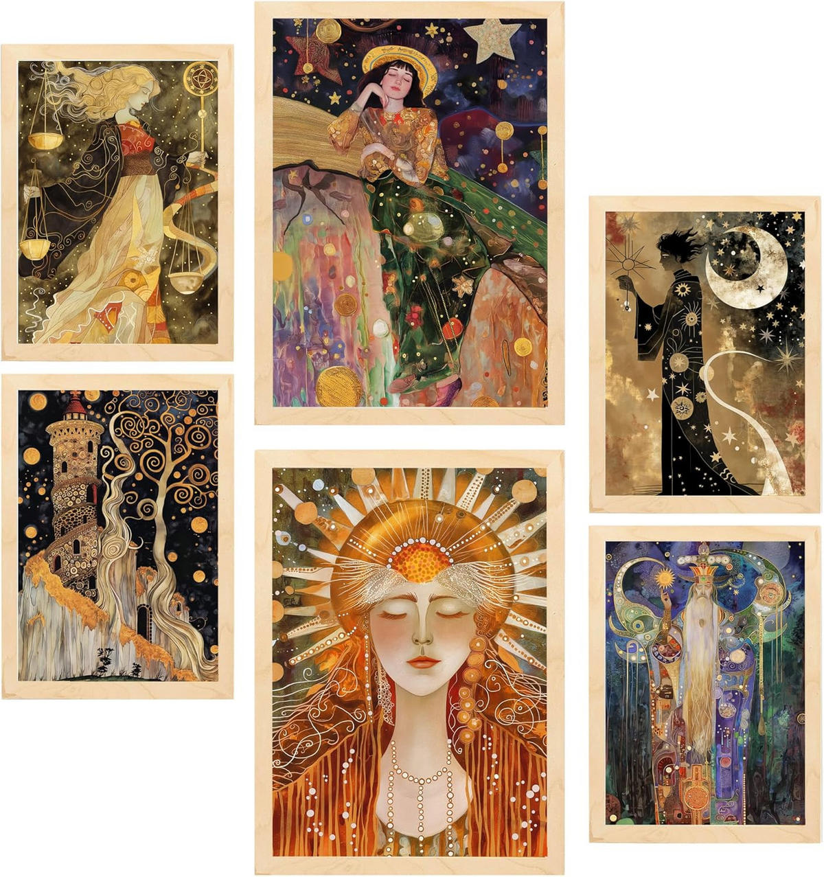 POSTER Set Mit 6 Tarocchi Arcani Cartomanzia A3 & A4 Rahmen Aus Hellem Holz - Beige, Papier (29/3/42cm) - Nacnic