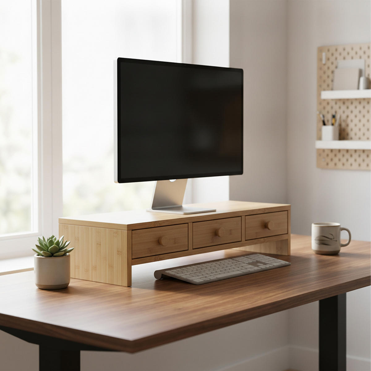 MONITORSTÄNDER Holzoptik MDF 3 Schubladen - Hellbraun, Holzwerkstoff (24/51/12.5cm) - Relaxdays