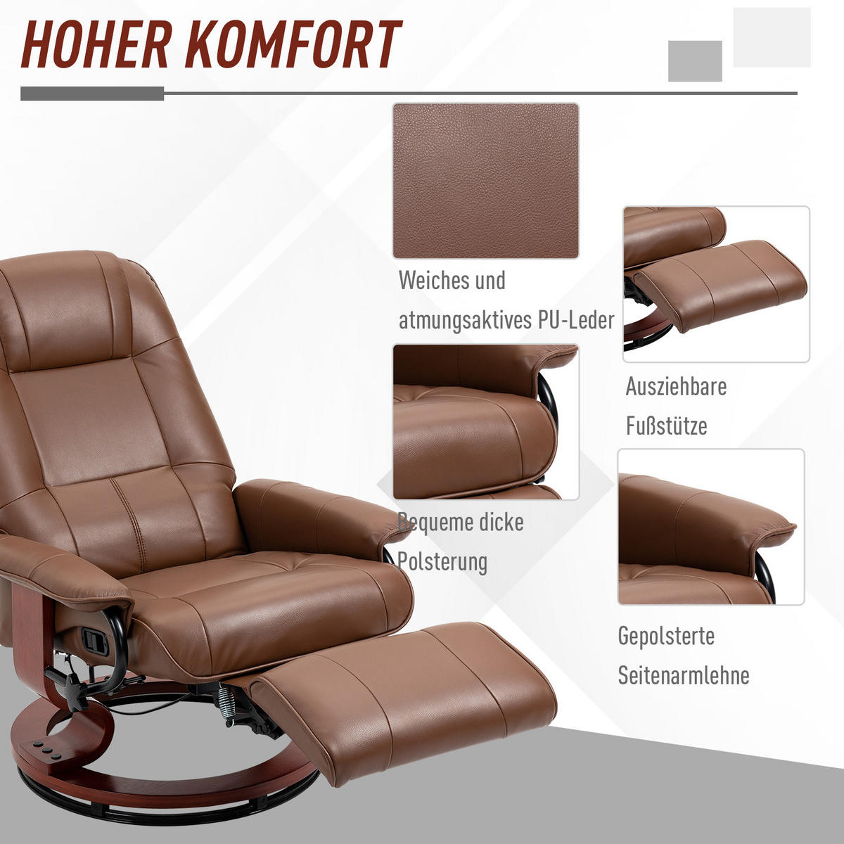 RELAXSESSEL Drehbar Fernsehsessel mit Liegefunktion, Fußstütze Kunstleder Braun - Braun, Holz/Kunststoff (87/100/78cm) - HOMCOM
