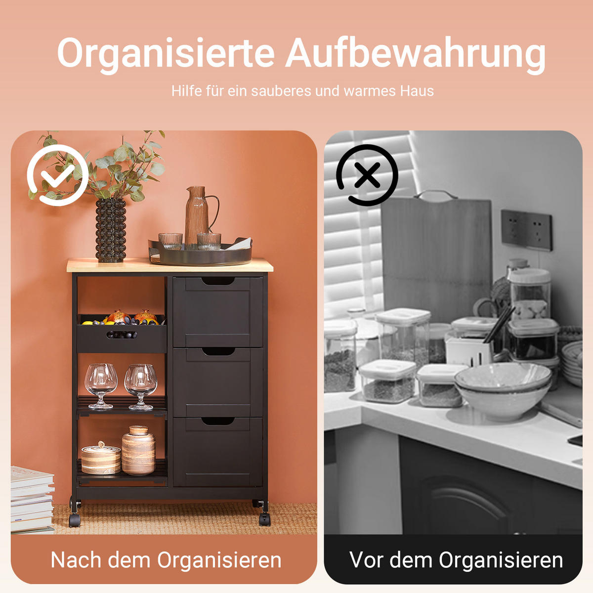 SERVIERWAGEN mit Rollen, Schwarz, 68x85x38cm, bis 50kg - Schwarz, Holz/Holzwerkstoff (68/85/38cm) - SoBuy