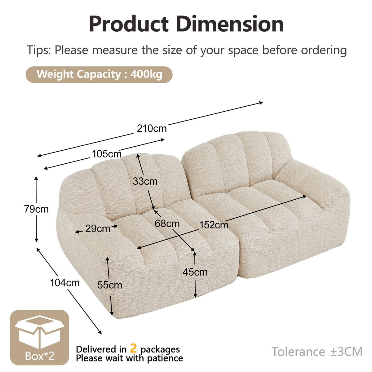 2-SITZER SOFA aus granuliertem Fleece, frameless in Muschelform ohne Montage - Creme, Textil (210/79/104cm) - Urban Meuble