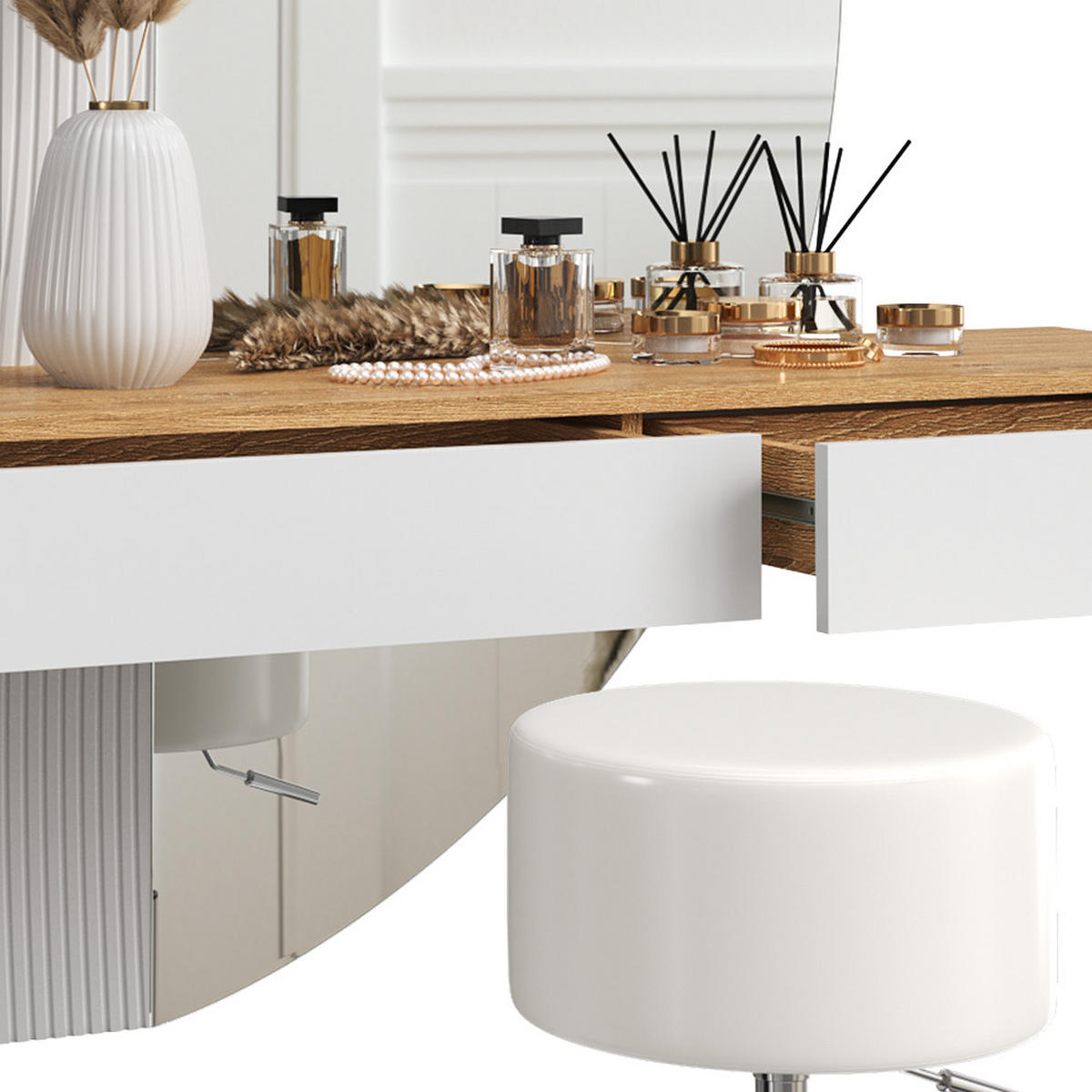 SCHMINKTISCH Melisa Weiß 120 cm mit LED Beleuchtung und Hocker - Eichefarben/Weiß, Holzwerkstoff (120/161.1/40cm) - Vicco